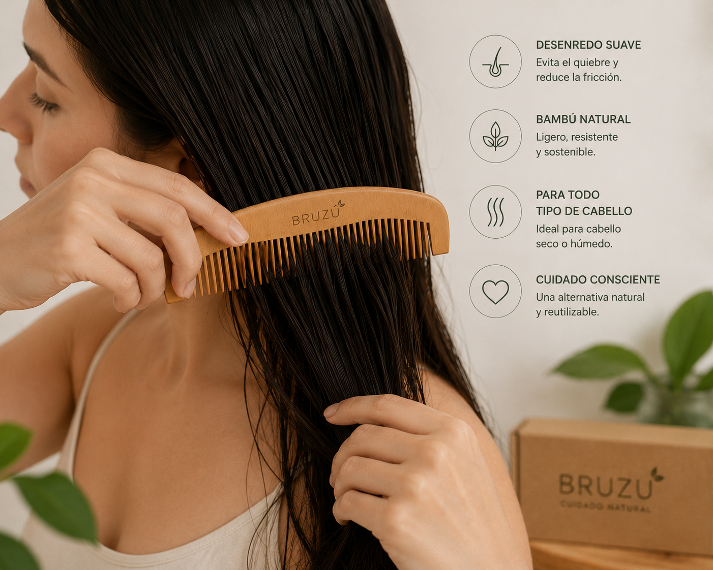 Peinilla de Bambú Media Luna BRUZÚ – Desenredo Suave & Cuidado Capilar Natural