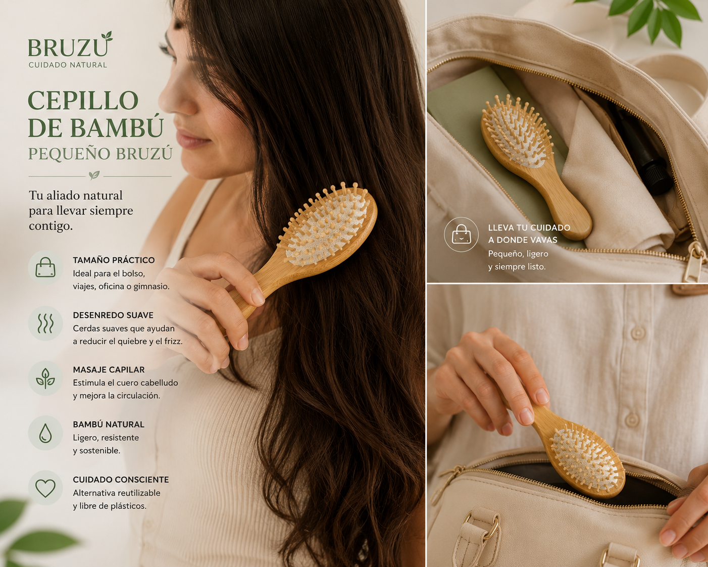 Cepillo de Bambú Pequeño BRUZÚ – Cuidado Capilar Natural a Donde Vayas
