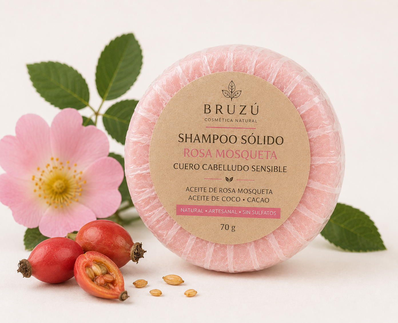 Shampoo Sólido Rosa Mosqueta BRUZÚ – Nutrición & Suavidad Capilar