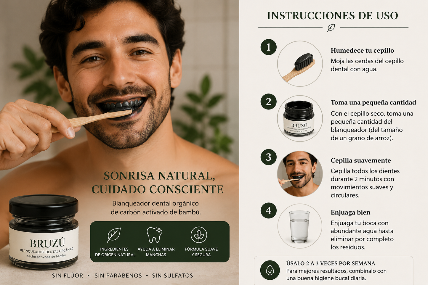 Blanqueador Dental de Carbón Activado BRUZÚ – Cuidado Oral Natural | 30 g