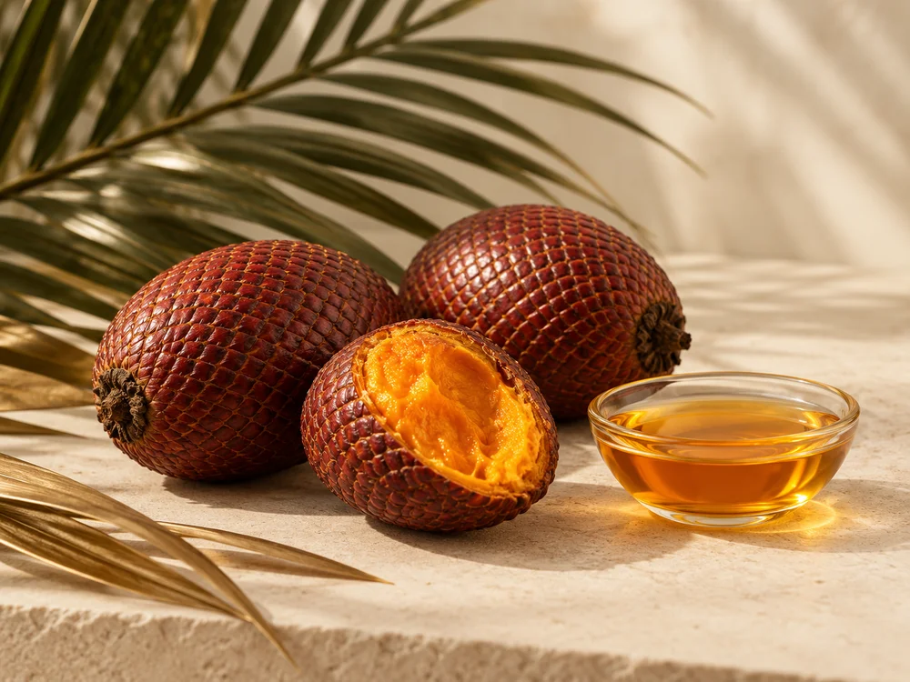 Ilustración editorial inspirada en frutos y aceite de buriti