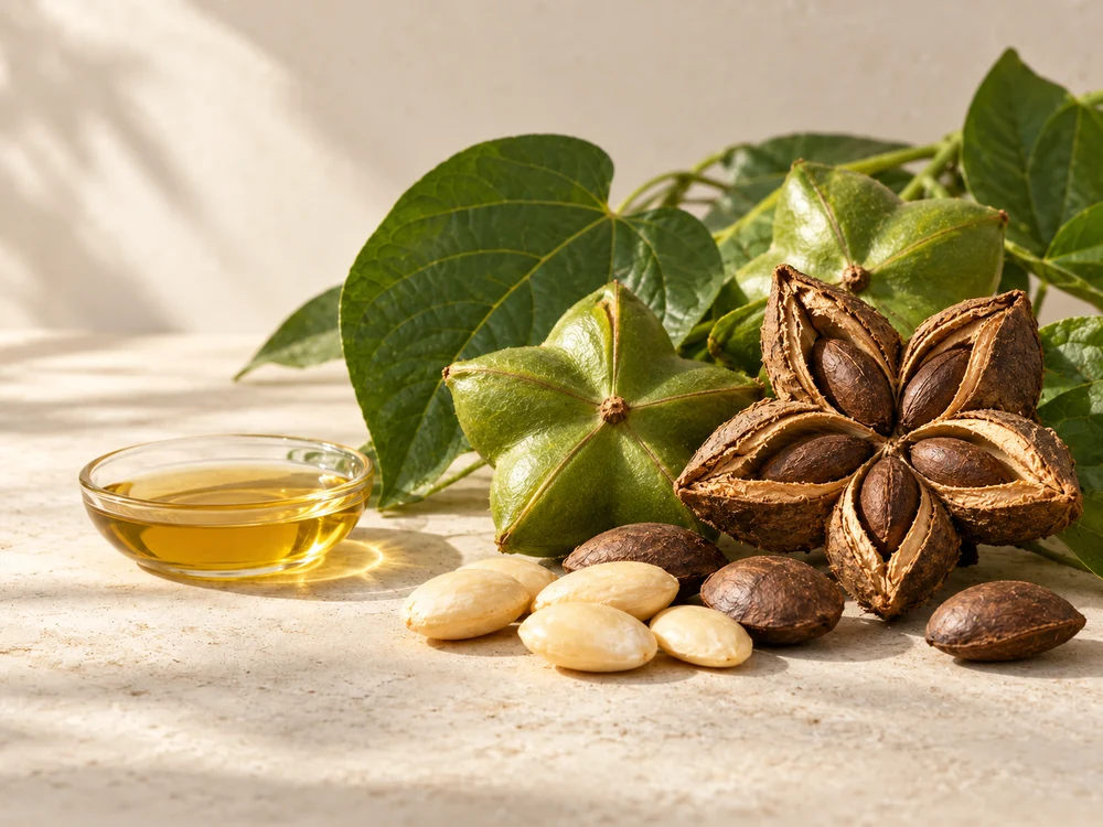 Escena botánica de cápsulas estrelladas, semillas y aceite de sacha inchi