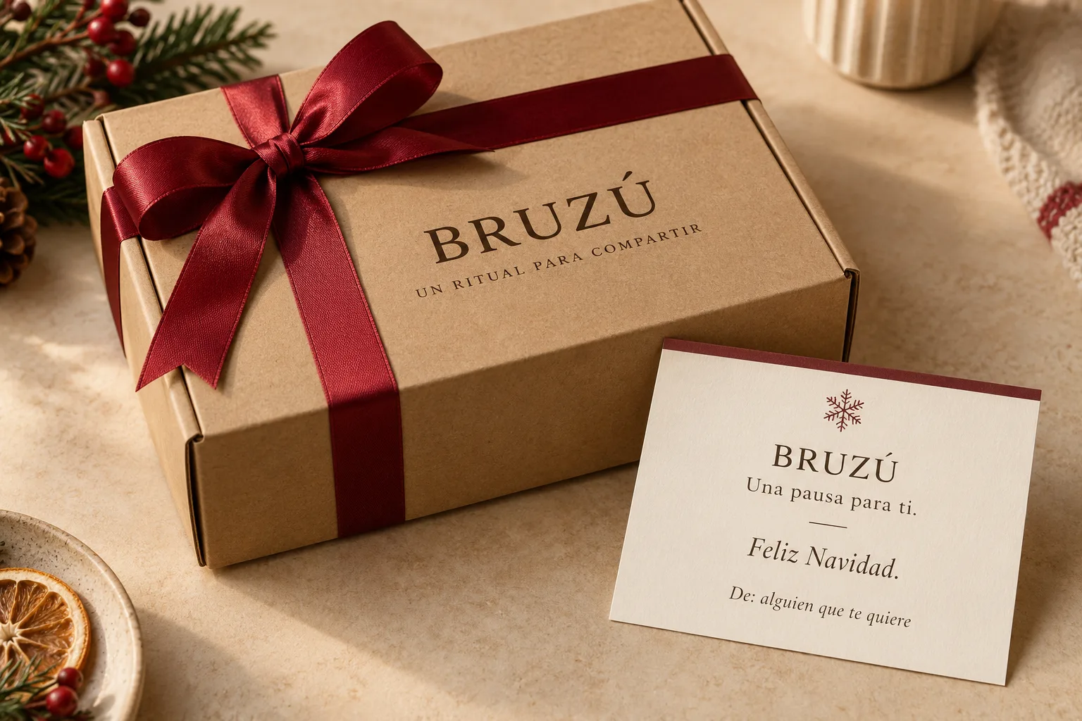 Imagen fotorrealista de caja kraft BRUZÚ con cinta roja y tarjeta de Feliz Navidad