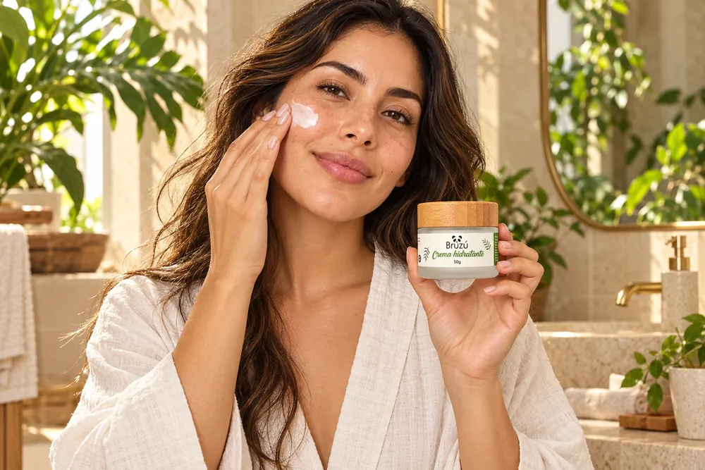 Escena ilustrativa: aplicación de crema facial con el envase BRUZÚ de 50 g en la mano