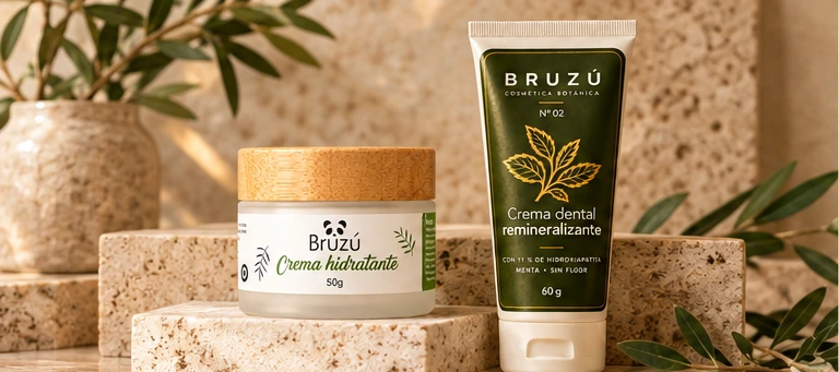 Crema facial y crema dental BRUZÚ en una composición editorial premium