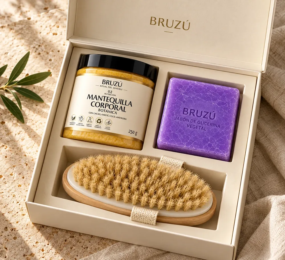 Composición ilustrativa de una caja de kit corporal BRUZÚ con mantequilla, jabón y cepillo