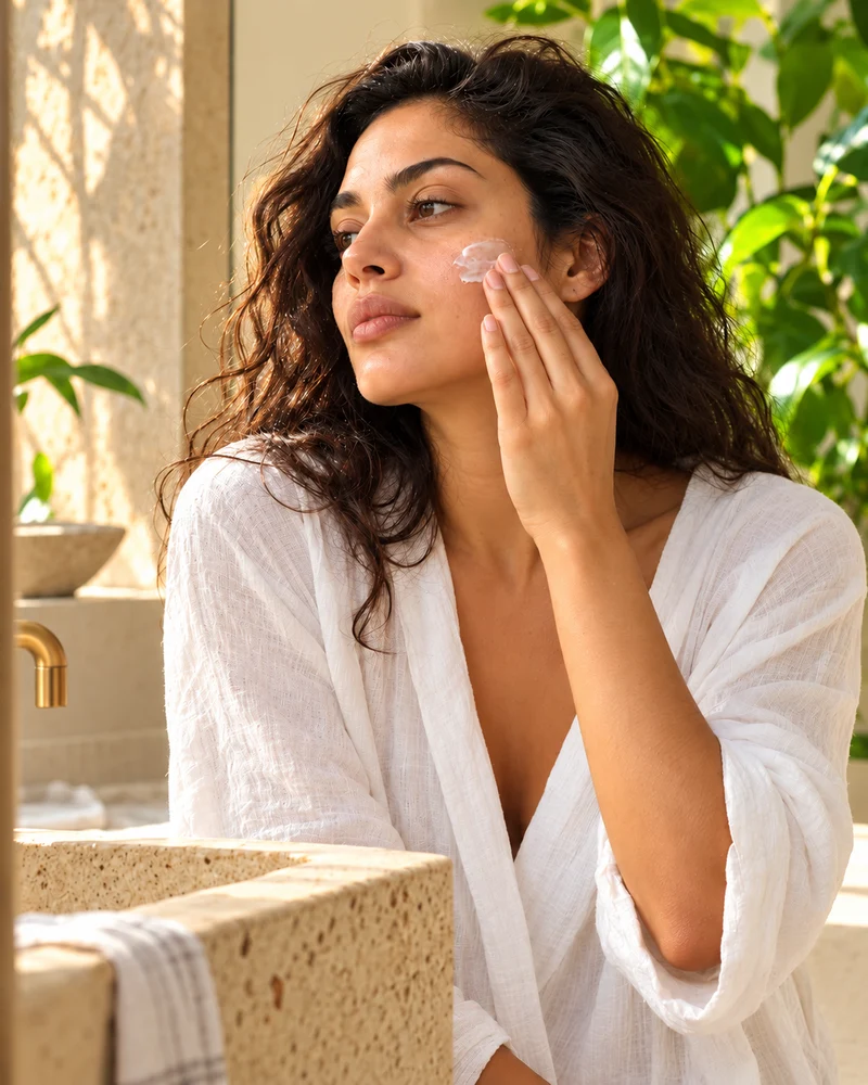 Una pausa de cuidado facial, aplicando crema suavemente sobre la mejilla